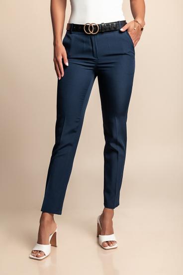 Elegáns nadrág középmagas derékkal és hosszú, szűk szárakkal, sötétkék